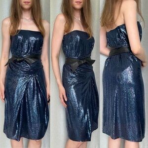 Alexander Wang Sequin Navy Blue Strapless Knee Belted Dress S (4)